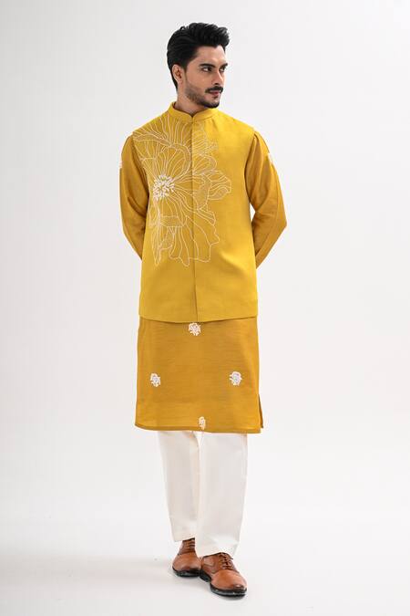 Shop Kalpana Naik Yellow Linen, Satin Embroidery Marigold Muse Nehru Jacket And Kurta Set Online at Aza Fashions Shop_Kalpana Naik_Yellow Linen, Satin Embroidery Marigold Muse Nehru Jacket And Kurta Set _Online_at_Aza_Fashions