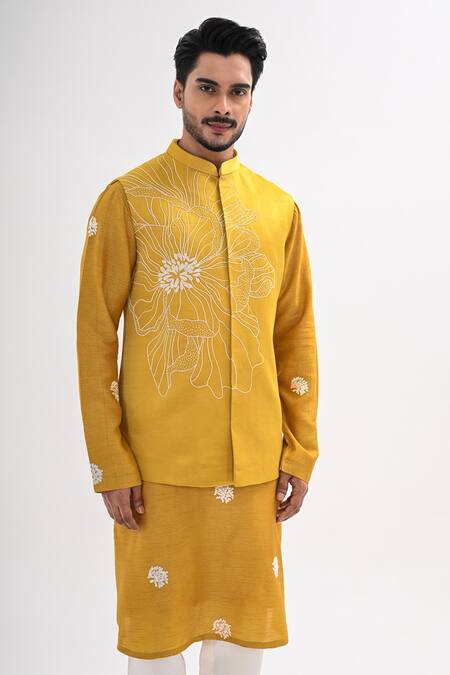 Kalpana Naik Yellow Linen, Satin Embroidery Marigold Muse Nehru Jacket And Kurta Set at Aza Fashions Kalpana Naik_Yellow Linen, Satin Embroidery Marigold Muse Nehru Jacket And Kurta Set _at_Aza_Fashions