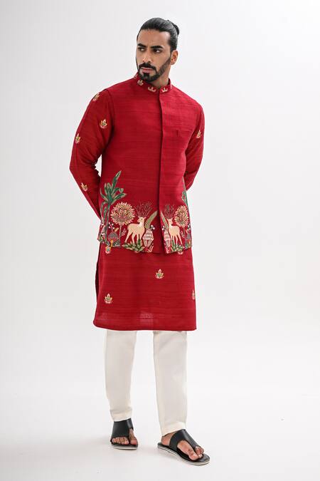Kalpana Naik_Red Silk Embroidery Laal Aangan Nehru Jacket And Kurta Set _Online_at_Aza_Fashions