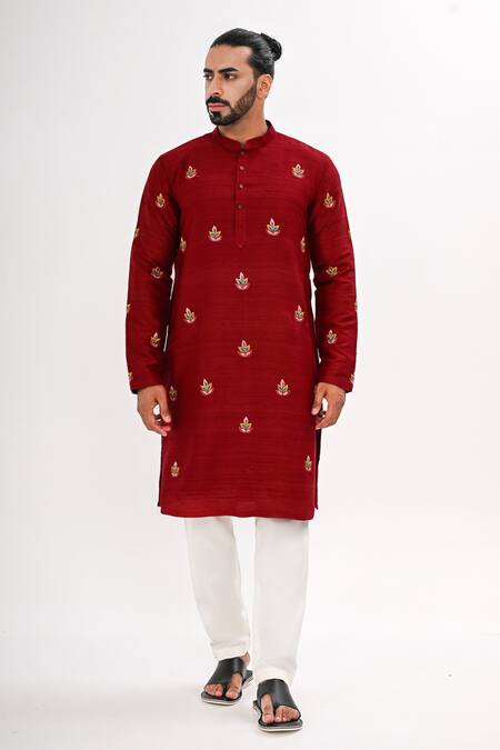 Shop_Kalpana Naik_Red Silk Embroidery Laal Aangan Nehru Jacket And Kurta Set _Online_at_Aza_Fashions