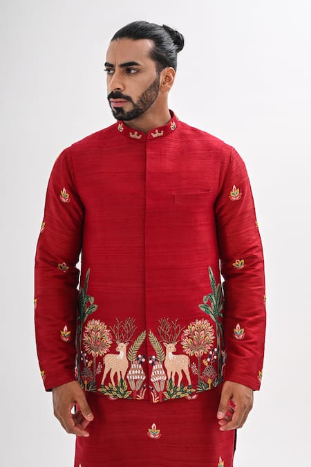 Buy_Kalpana Naik_Red Silk Embroidery Laal Aangan Nehru Jacket And Kurta Set 