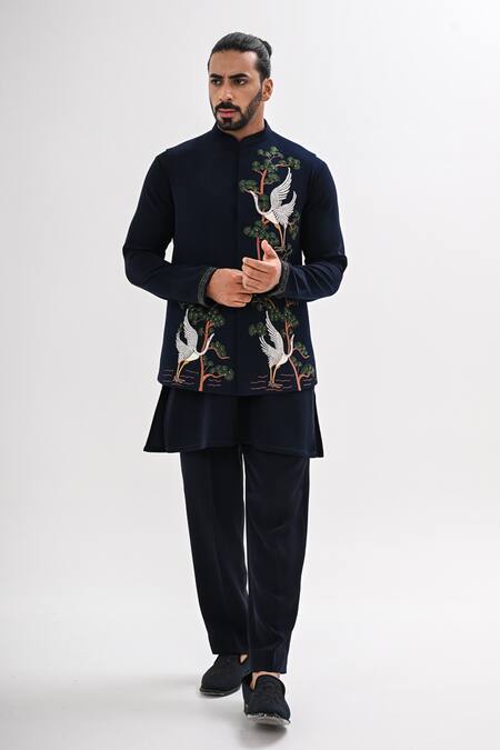 Buy_Kalpana Naik_Navy Crepe Embroidery Indigo Grove Nehru Jacket And Kurta Set _Online_at_Aza_Fashions
