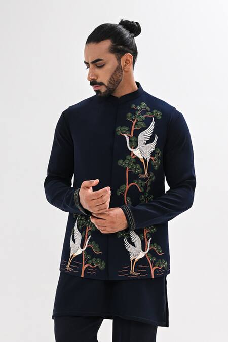 Kalpana Naik_Navy Crepe Embroidery Indigo Grove Nehru Jacket And Kurta Set _at_Aza_Fashions