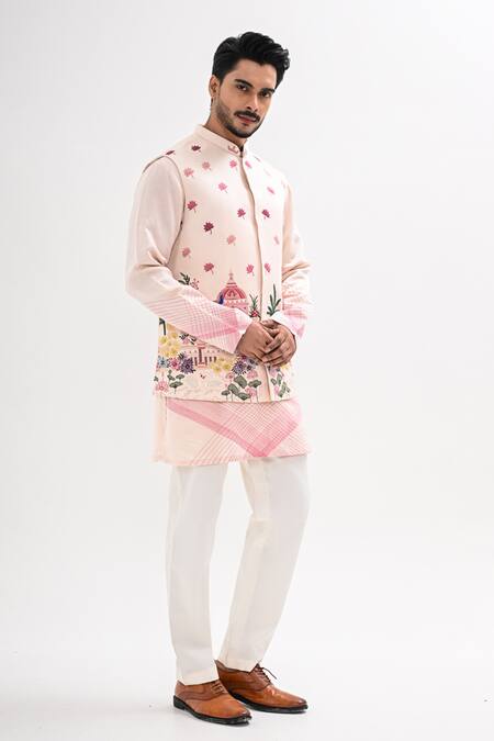 Shop Kalpana Naik Pink Linen, Satin Embroidery Gulabi Nagri Nehru Jacket And Kurta Set Online at Aza Fashions Shop_Kalpana Naik_Pink Linen, Satin Embroidery Gulabi Nagri Nehru Jacket And Kurta Set _Online_at_Aza_Fashions