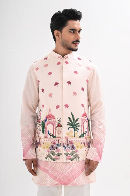 Kalpana Naik Pink Linen, Satin Embroidery Gulabi Nagri Nehru Jacket And Kurta Set at Aza Fashions Kalpana Naik_Pink Linen, Satin Embroidery Gulabi Nagri Nehru Jacket And Kurta Set _at_Aza_Fashions