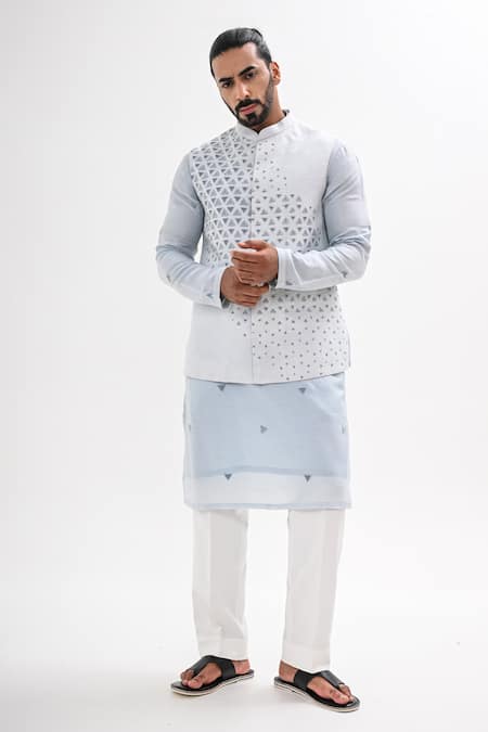 Buy_Kalpana Naik_Sky Blue Bemberg, Silk Embroidery Neel Trikon Nehru Jacket And Kurta Set _Online_at_Aza_Fashions