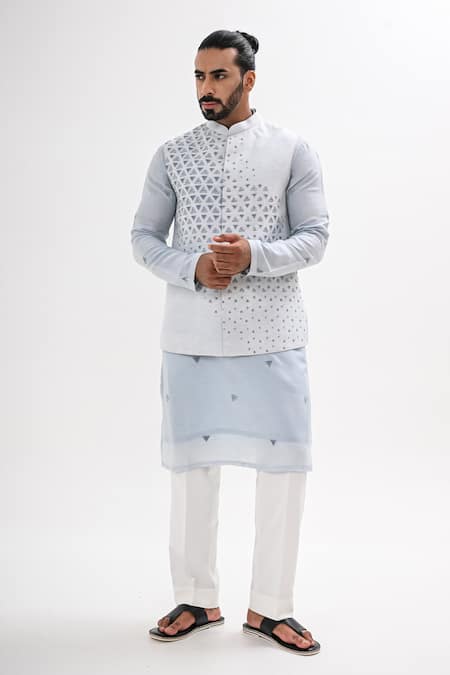Shop_Kalpana Naik_Sky Blue Bemberg, Silk Embroidery Neel Trikon Nehru Jacket And Kurta Set _Online_at_Aza_Fashions