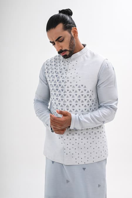 Kalpana Naik_Sky Blue Bemberg, Silk Embroidery Neel Trikon Nehru Jacket And Kurta Set _at_Aza_Fashions