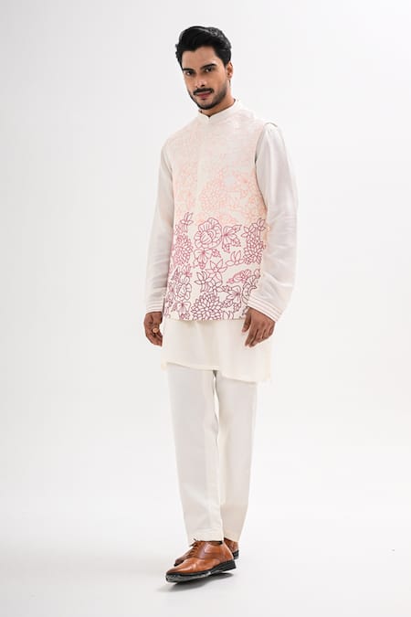Kalpana Naik_Ivory Bemberg, Silk Embroidery Phoolon Ki Lakeer Nehru Jacket And Kurta Set _Online_at_Aza_Fashions