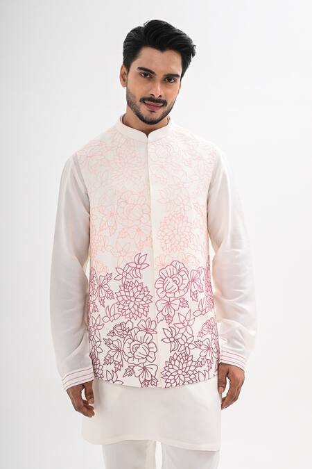 Buy_Kalpana Naik_Ivory Bemberg, Silk Embroidery Phoolon Ki Lakeer Nehru Jacket And Kurta Set 