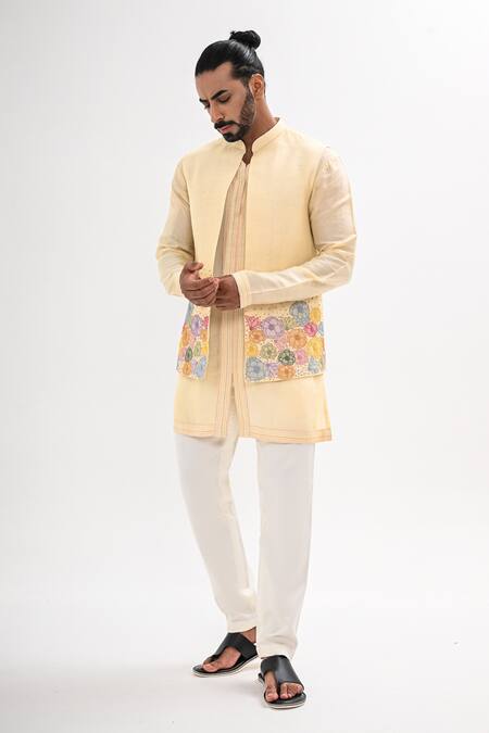 Shop_Kalpana Naik_Beige Bemberg, Silk Embroidery Minimal Bloom Nehru Jacket And Kurta Set _Online_at_Aza_Fashions