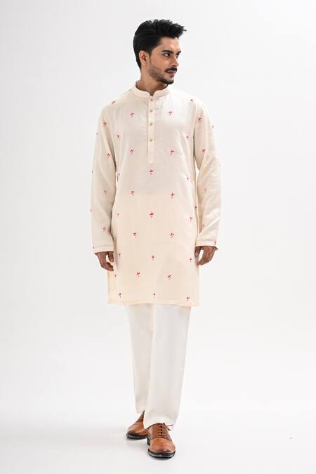 Buy_Kalpana Naik_Cream Linen Embroidery Raas Leela Nehru Jacket And Kurta Set _Online_at_Aza_Fashions