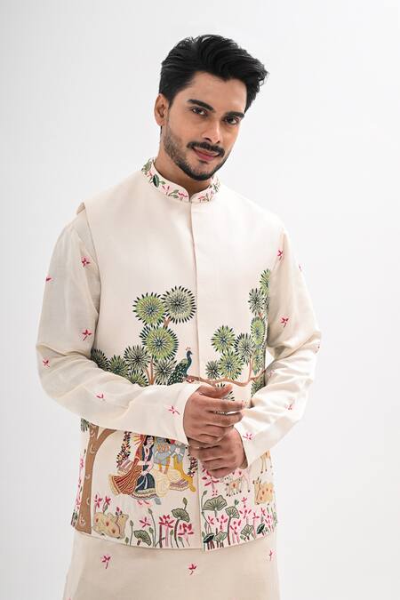 Kalpana Naik_Cream Linen Embroidery Raas Leela Nehru Jacket And Kurta Set _at_Aza_Fashions