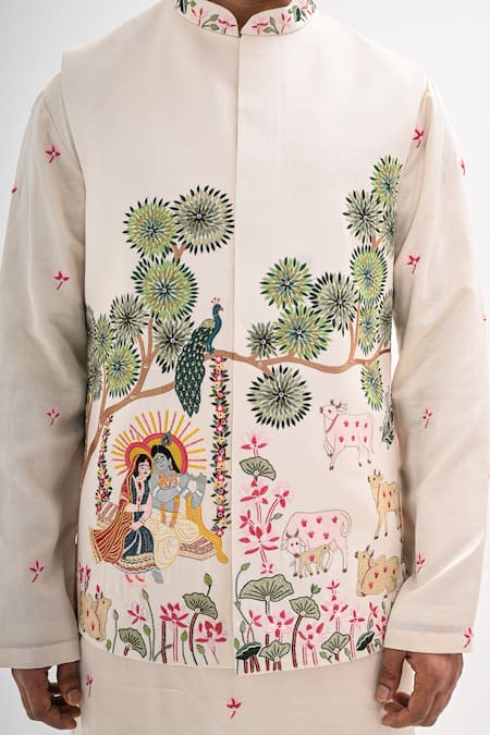 Buy_Kalpana Naik_Cream Linen Embroidery Raas Leela Nehru Jacket And Kurta Set 