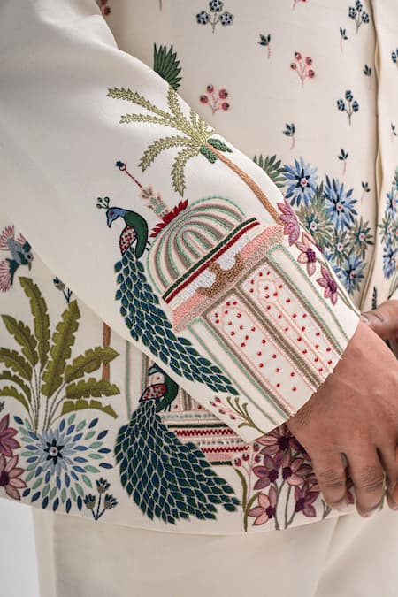 Kalpana Naik_Ivory Bemberg, Silk Embroidery Madhuban Bandhgala Set _Online_at_Aza_Fashions