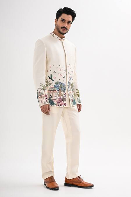 Buy_Kalpana Naik_Ivory Bemberg, Silk Embroidery Madhuban Bandhgala Set _Online_at_Aza_Fashions