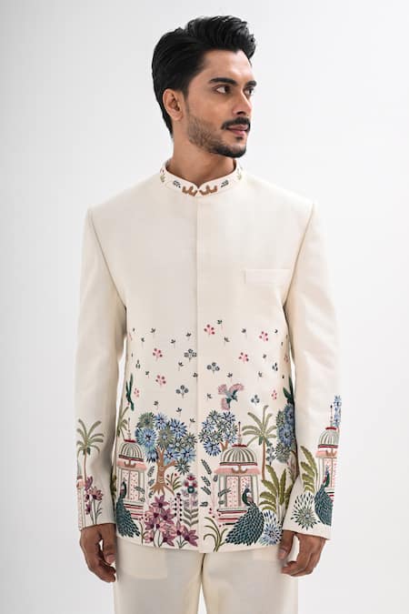 Shop_Kalpana Naik_Ivory Bemberg, Silk Embroidery Madhuban Bandhgala Set _Online_at_Aza_Fashions