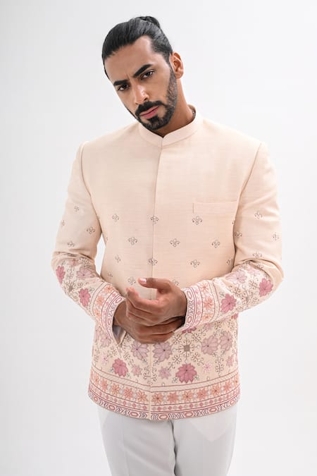 Kalpana Naik Pink Bemberg, Silk Embroidery Gulabi Phulkari Hand Bandhgala Set Online at Aza Fashions Kalpana Naik_Pink Bemberg, Silk Embroidery Gulabi Phulkari Hand Bandhgala Set _Online_at_Aza_Fashions