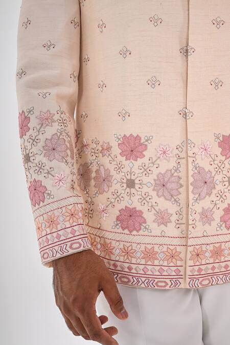 Shop Kalpana Naik Pink Bemberg, Silk Embroidery Gulabi Phulkari Hand Bandhgala Set Online at Aza Fashions Shop_Kalpana Naik_Pink Bemberg, Silk Embroidery Gulabi Phulkari Hand Bandhgala Set _Online_at_Aza_Fashions