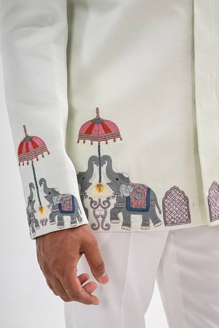 Kalpana Naik_Mint Linen, Satin Embroidery Gajraj Hand Bandhgala Set _Online_at_Aza_Fashions