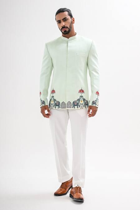 Buy_Kalpana Naik_Mint Linen, Satin Embroidery Gajraj Hand Bandhgala Set _Online_at_Aza_Fashions