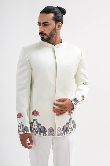 Kalpana Naik_Mint Linen, Satin Embroidery Gajraj Hand Bandhgala Set _at_Aza_Fashions