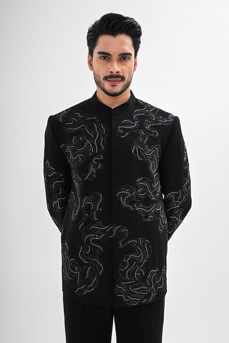 Kalpana Naik_Black Crepe Embroidery Noctura Hand Bandhgala Set _Online_at_Aza_Fashions