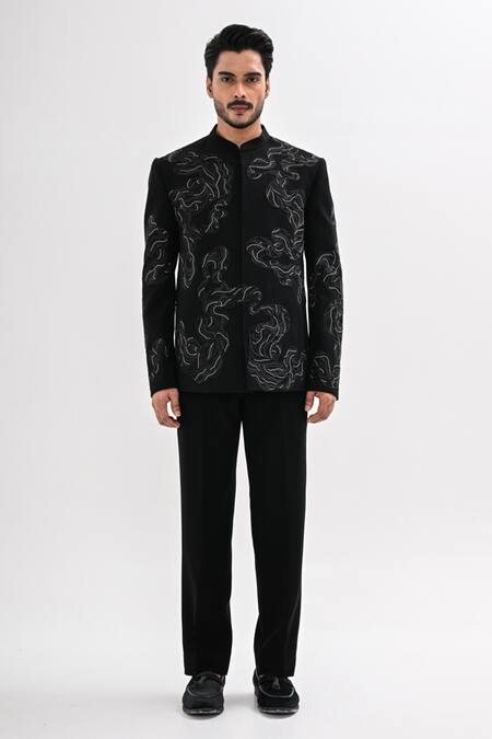 Buy_Kalpana Naik_Black Crepe Embroidery Noctura Hand Bandhgala Set _Online_at_Aza_Fashions