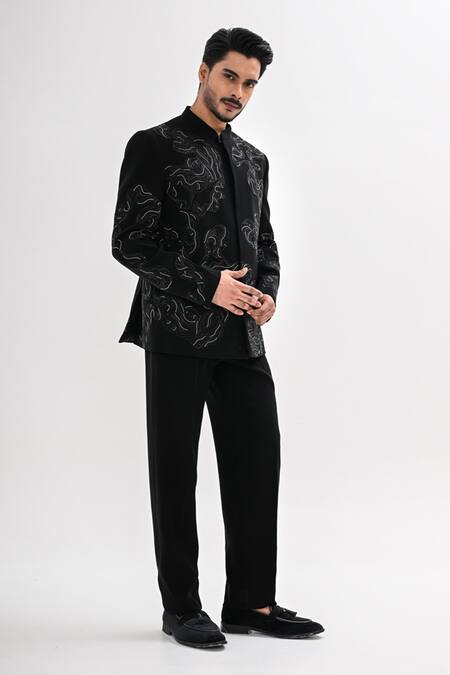 Shop_Kalpana Naik_Black Crepe Embroidery Noctura Hand Bandhgala Set _Online_at_Aza_Fashions