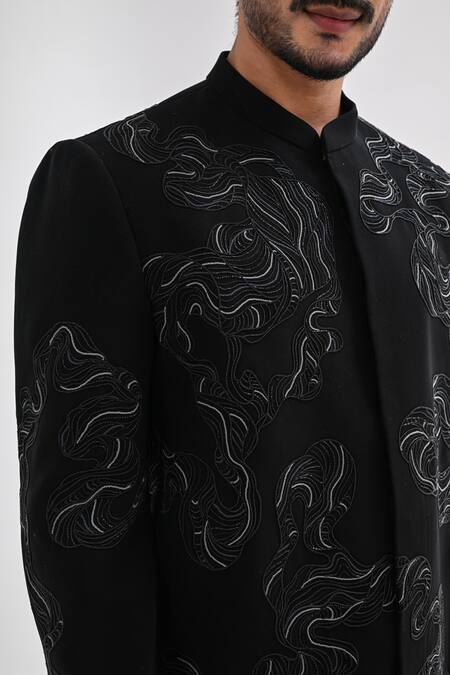 Kalpana Naik_Black Crepe Embroidery Noctura Hand Bandhgala Set _at_Aza_Fashions