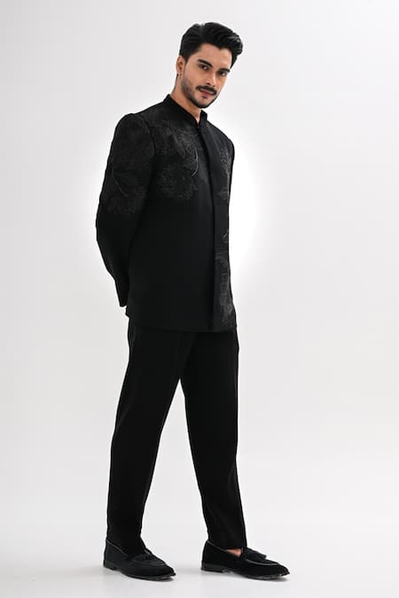 Kalpana Naik_Black Crepe Embroidery Royal Blossom Hand Bandhgala Set _Online_at_Aza_Fashions