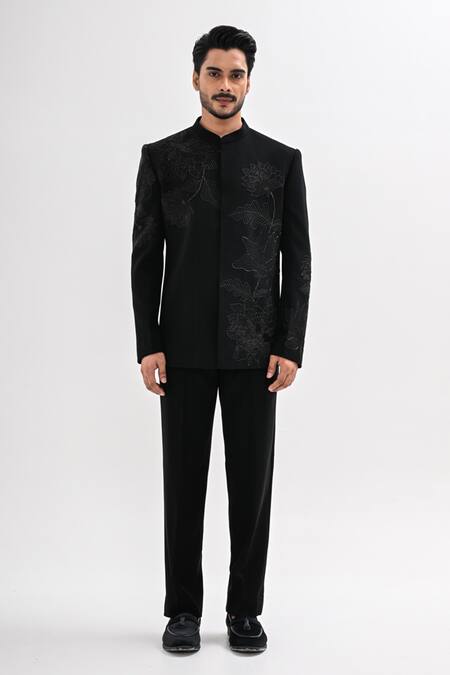 Buy_Kalpana Naik_Black Crepe Embroidery Royal Blossom Hand Bandhgala Set _Online_at_Aza_Fashions