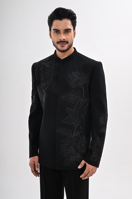 Shop_Kalpana Naik_Black Crepe Embroidery Royal Blossom Hand Bandhgala Set _Online_at_Aza_Fashions