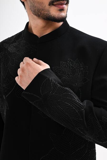 Kalpana Naik_Black Crepe Embroidery Royal Blossom Hand Bandhgala Set _at_Aza_Fashions