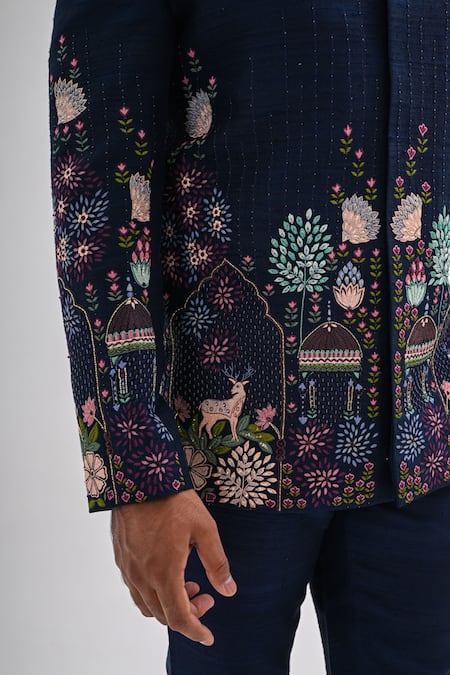 Kalpana Naik_Navy Silk Embroidery Indravan Hand Bandhgala Set _Online_at_Aza_Fashions