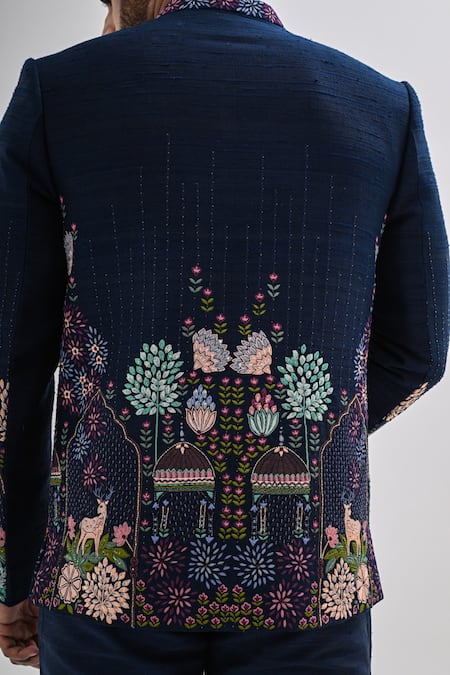 Buy_Kalpana Naik_Navy Silk Embroidery Indravan Hand Bandhgala Set _Online_at_Aza_Fashions