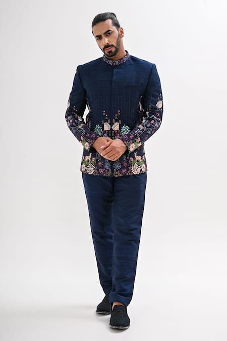 Shop_Kalpana Naik_Navy Silk Embroidery Indravan Hand Bandhgala Set _Online_at_Aza_Fashions