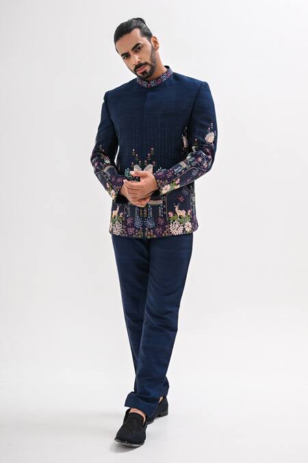 Kalpana Naik_Navy Silk Embroidery Indravan Hand Bandhgala Set _at_Aza_Fashions