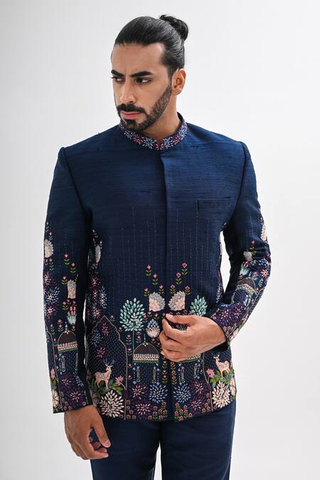 Buy_Kalpana Naik_Navy Silk Embroidery Indravan Hand Bandhgala Set 