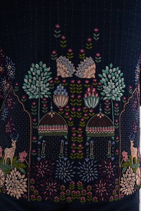 Shop_Kalpana Naik_Navy Silk Embroidery Indravan Hand Bandhgala Set 