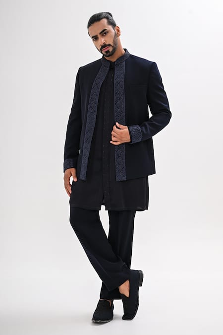 Kalpana Naik_Navy Crepe Embroidery Hand Open Bandhgala And Kurta Set _Online_at_Aza_Fashions