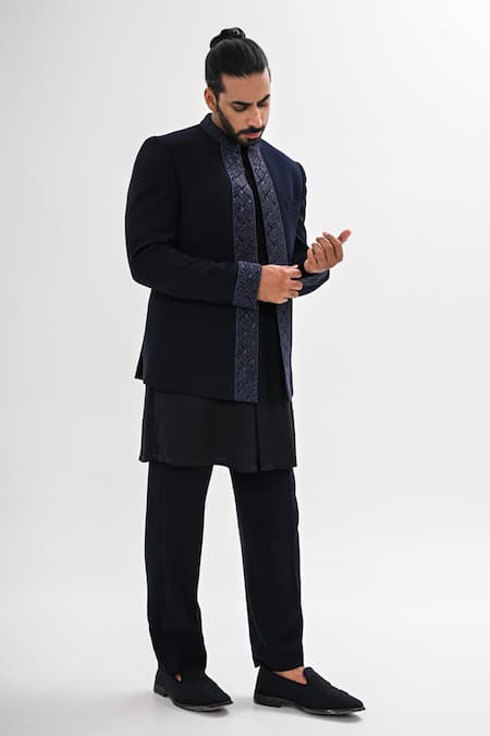 Buy_Kalpana Naik_Navy Crepe Embroidery Hand Open Bandhgala And Kurta Set _Online_at_Aza_Fashions