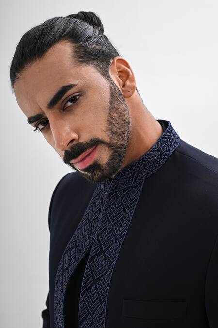 Buy_Kalpana Naik_Navy Crepe Embroidery Hand Open Bandhgala And Kurta Set 