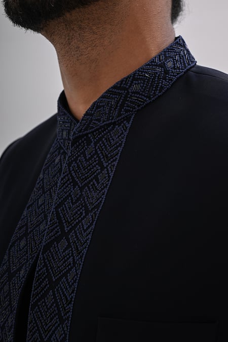 Shop_Kalpana Naik_Navy Crepe Embroidery Hand Open Bandhgala And Kurta Set 