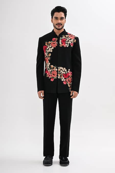 Kalpana Naik_Black Crepe Embroidery Noir Bloom Bandhgala Set _Online_at_Aza_Fashions