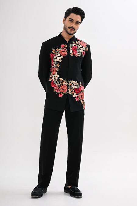 Buy_Kalpana Naik_Black Crepe Embroidery Noir Bloom Bandhgala Set _Online_at_Aza_Fashions