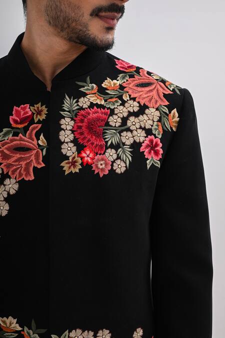 Shop_Kalpana Naik_Black Crepe Embroidery Noir Bloom Bandhgala Set _Online_at_Aza_Fashions