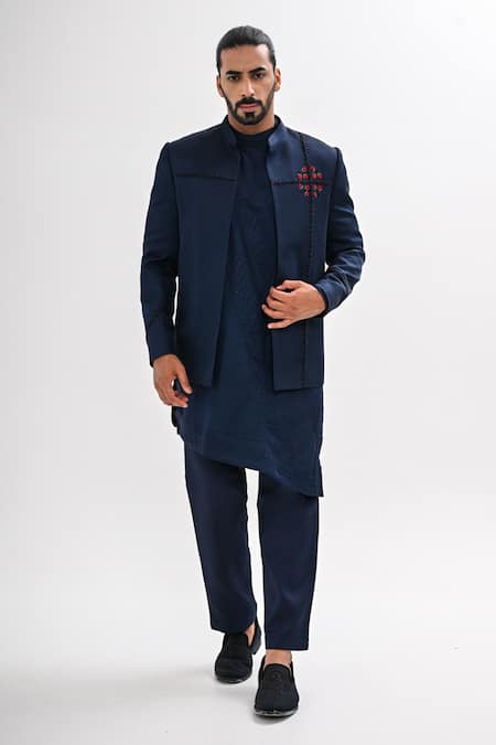 Kalpana Naik Indigo Bloom Embroidered Open Bandhgala Set 