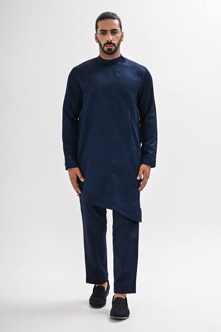 Kalpana Naik_Navy Satin Embroidery, Beads Indigo Bloom Open Bandhgala Set _Online_at_Aza_Fashions