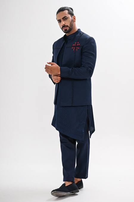 Shop_Kalpana Naik_Navy Satin Embroidery, Beads Indigo Bloom Open Bandhgala Set _Online_at_Aza_Fashions